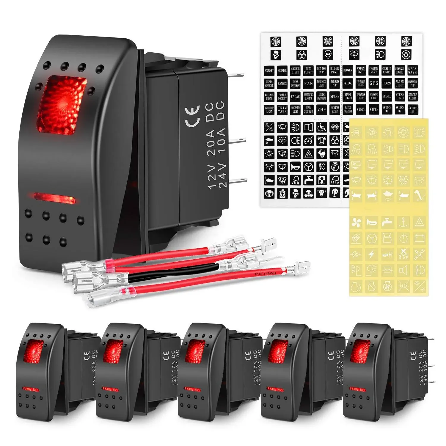 Nilight 6 Pack Rocker Switches with Night Glow Stickers 5 Pin SPST Rocker Switches with Red Backlit 12V/24V Toggle Switches for Cars Trucks RVs