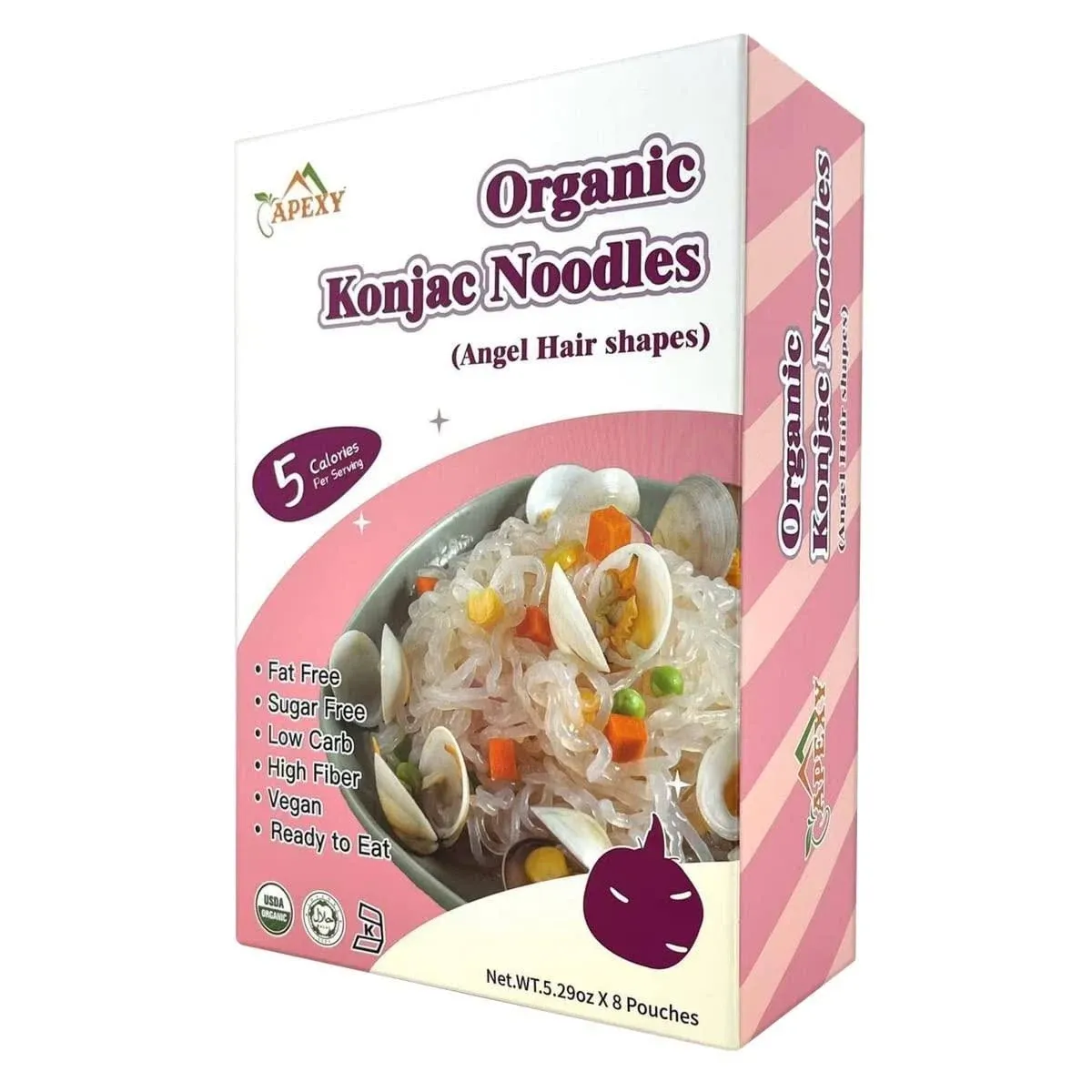 Apexy Organic Shirataki Konjac Noodle Angel Hair Pasta 8 Pouches Total 53.6oz. Healthy Diet, Low Calorie, Low-Carb Gluten Free, Vegan, Keto and Paleo