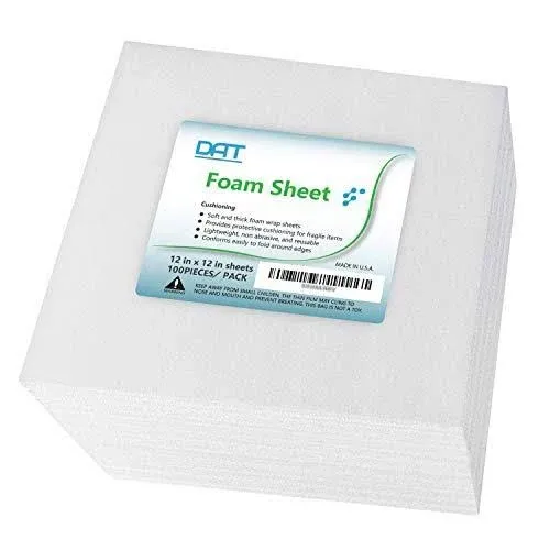 100 Pack Foam Sheets, DAT 12" x 12", 1/16" Thickness, Foam Wrap Cushioning Material, Moving Supplies for Packing Storage and Shipping