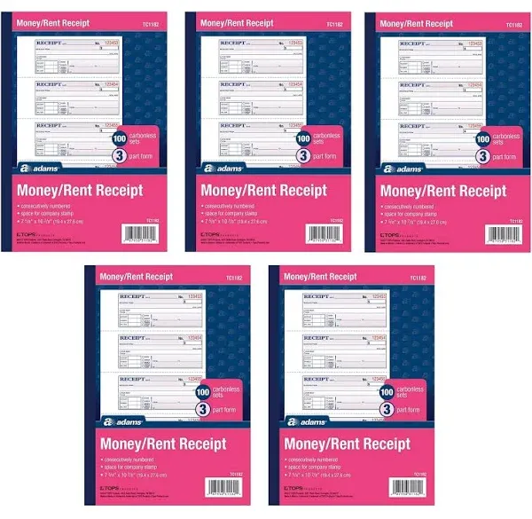 Money Rent Receipt Book 3-Part Carbonless 100 Sets per Book 5 Books