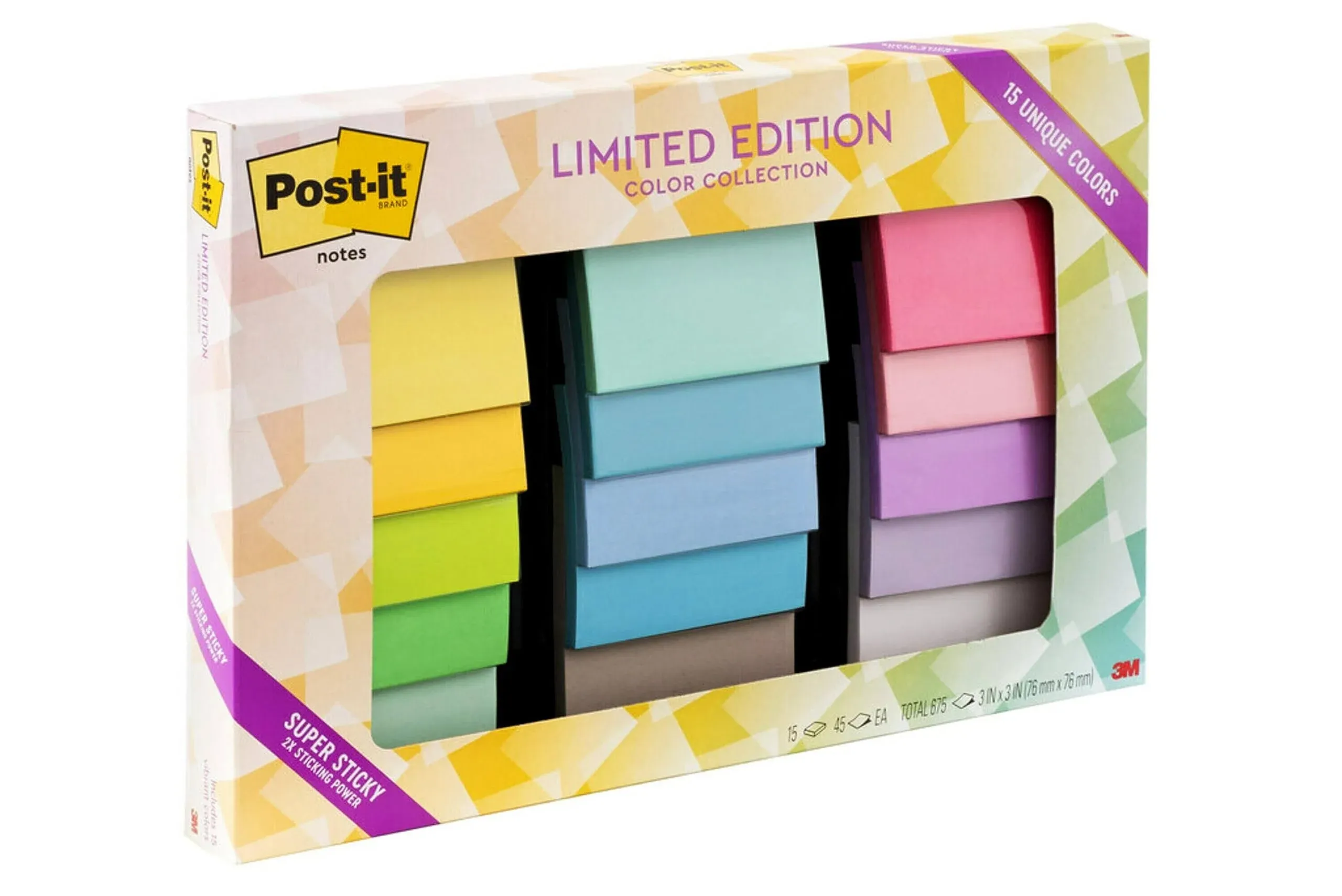 Post-it Super Sticky Notes 15 Pads, 3" x 3" Limited Edition Pack