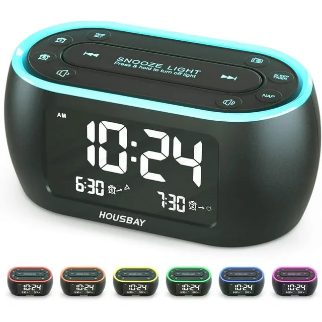 Housbay Digital Alarm Clock Radio for Bedroom,Nightlight,Dual Alarm,Dimmer,Nap Timer,USB Charger,Small Fm Radio with LED Display,Black,RS1