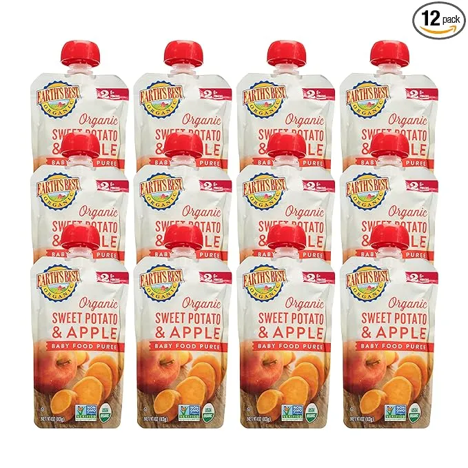 Earth's Best Organic Stage 2 Baby Food, Sweet Potato & Apple, 4 oz Pouches (12 Pack)