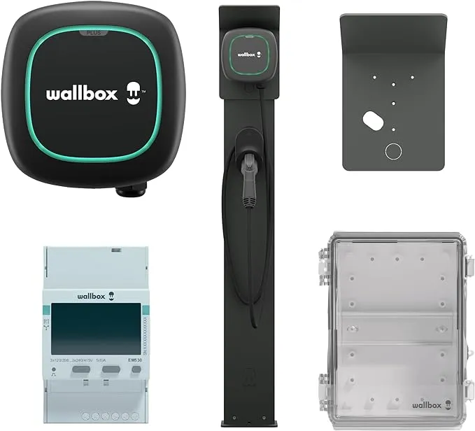 Wallbox Pulsar Plus 48 Amp, Mono Pedestal, Rain Cover, Power Meter, and UL Enclosure