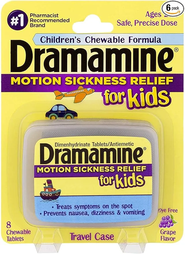 Dramamine Motion Sickness for Kids, Chewable, Dye Free, Grape flavored, 8 Count, 6 Pack