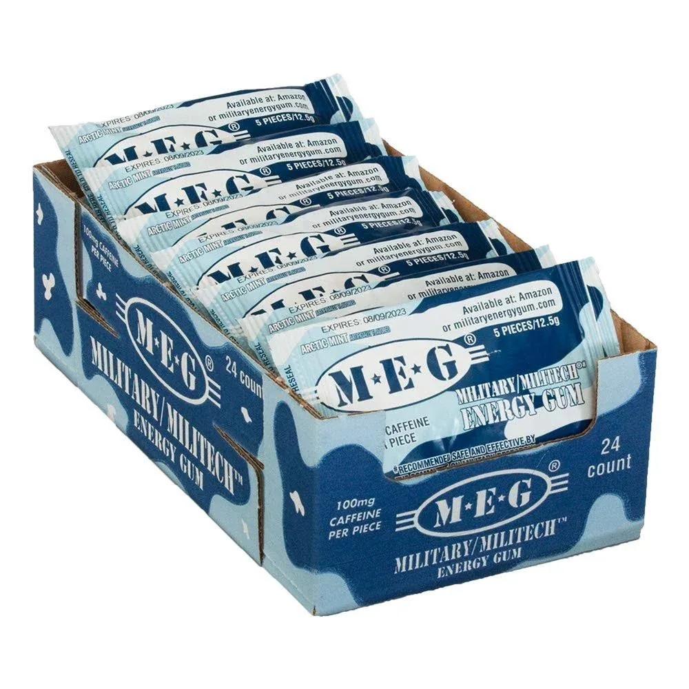 MEG - Chiclete de Energia Militar | 100mg de cafeína por peça + Aumentar a energia + Aumentar o desempenho físico + Multi sabores de hortelã do Ártico, hortelã, & Canela + 8 pacotes (40 contagens)