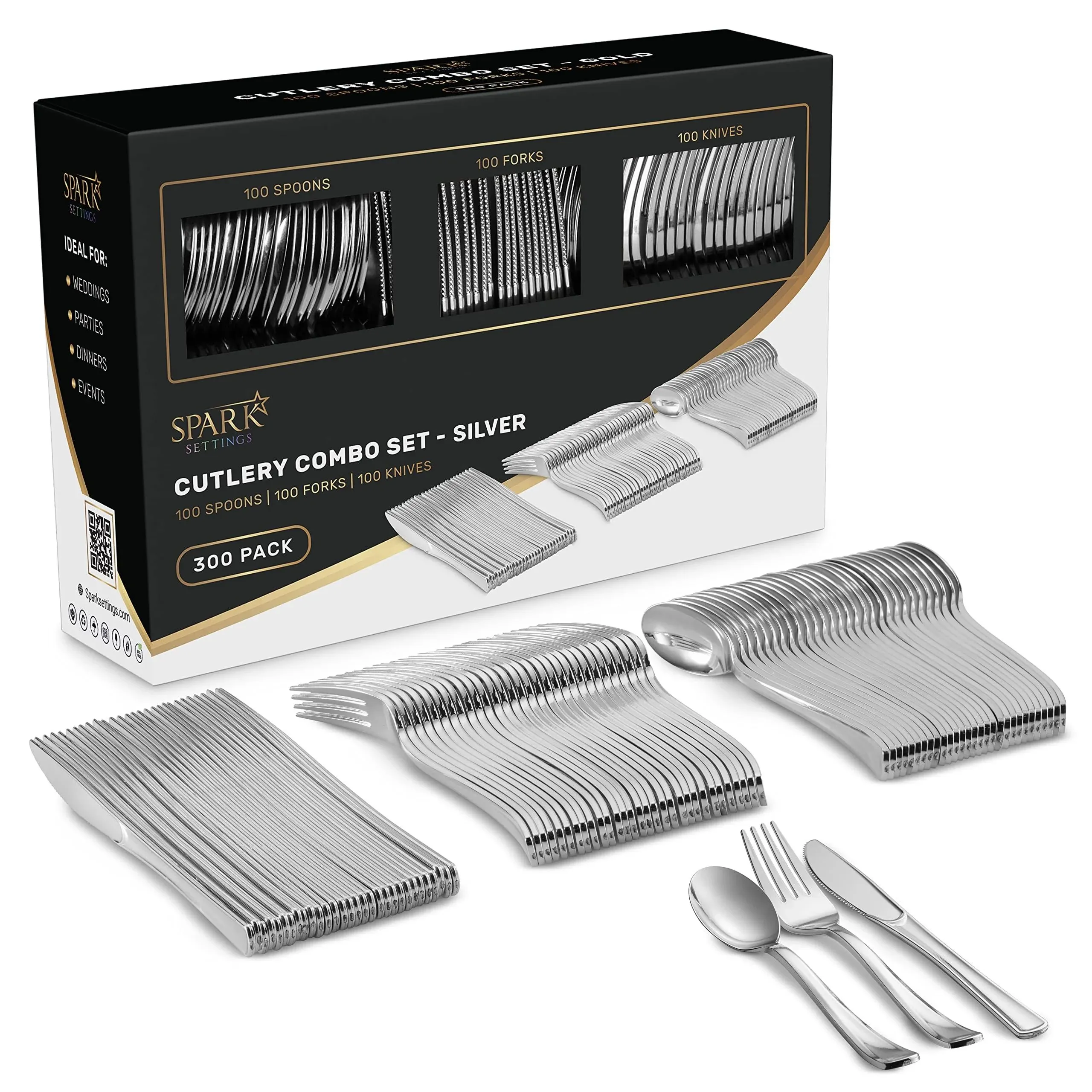 300 Pcs Silver Plastic Silverware Set- 100 Silver Forks, 100 Silver Spoons, 100 Silver Knives, Heavy Duty Disposable Utensils Heavyweight Cutlery, Elegant Flatware, Dinner Party, Wedding