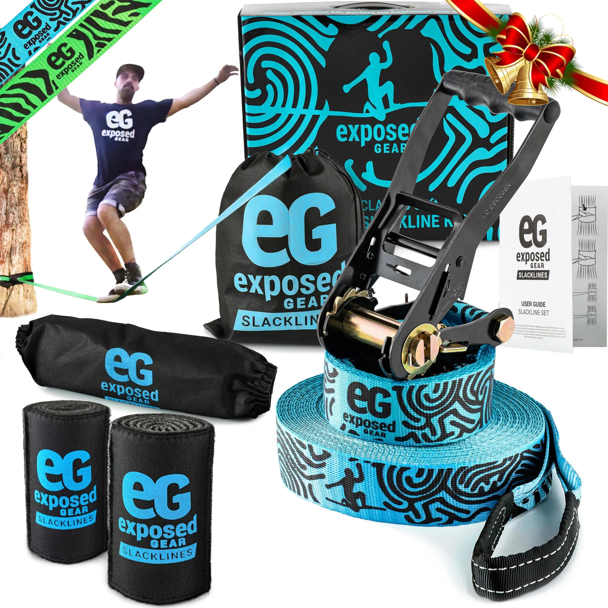 EG Exposed Gear Slackline Kit with Tree Protectors, High Grade Ratchet + Cove...