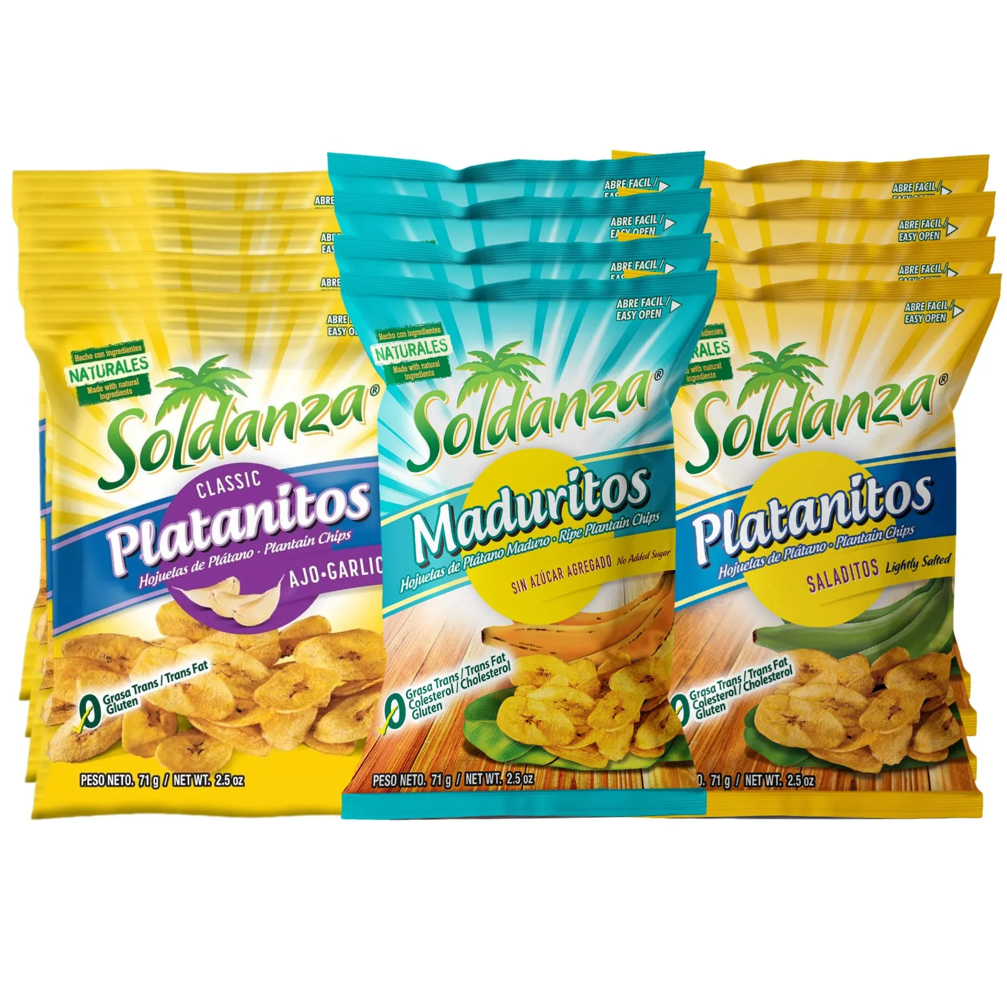 Soldanza Plantain Chips, Variety Pack 2.5 oz (Pack of 12) 4 x Salted Plantain Chips, 4 x Ripe Plantain Chips, 4 x Garlic Plantain Chips