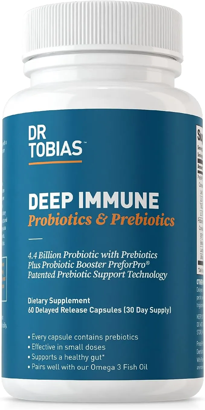 Dr. Tobias Deep Immune Probiotics & Prebiotics, 4.4 Billion CFU Probiotics for Women & Men, Supports Digestive Health, Gut Immune Function, Nutrient Absorption, 60 Capsules, 30 Servings