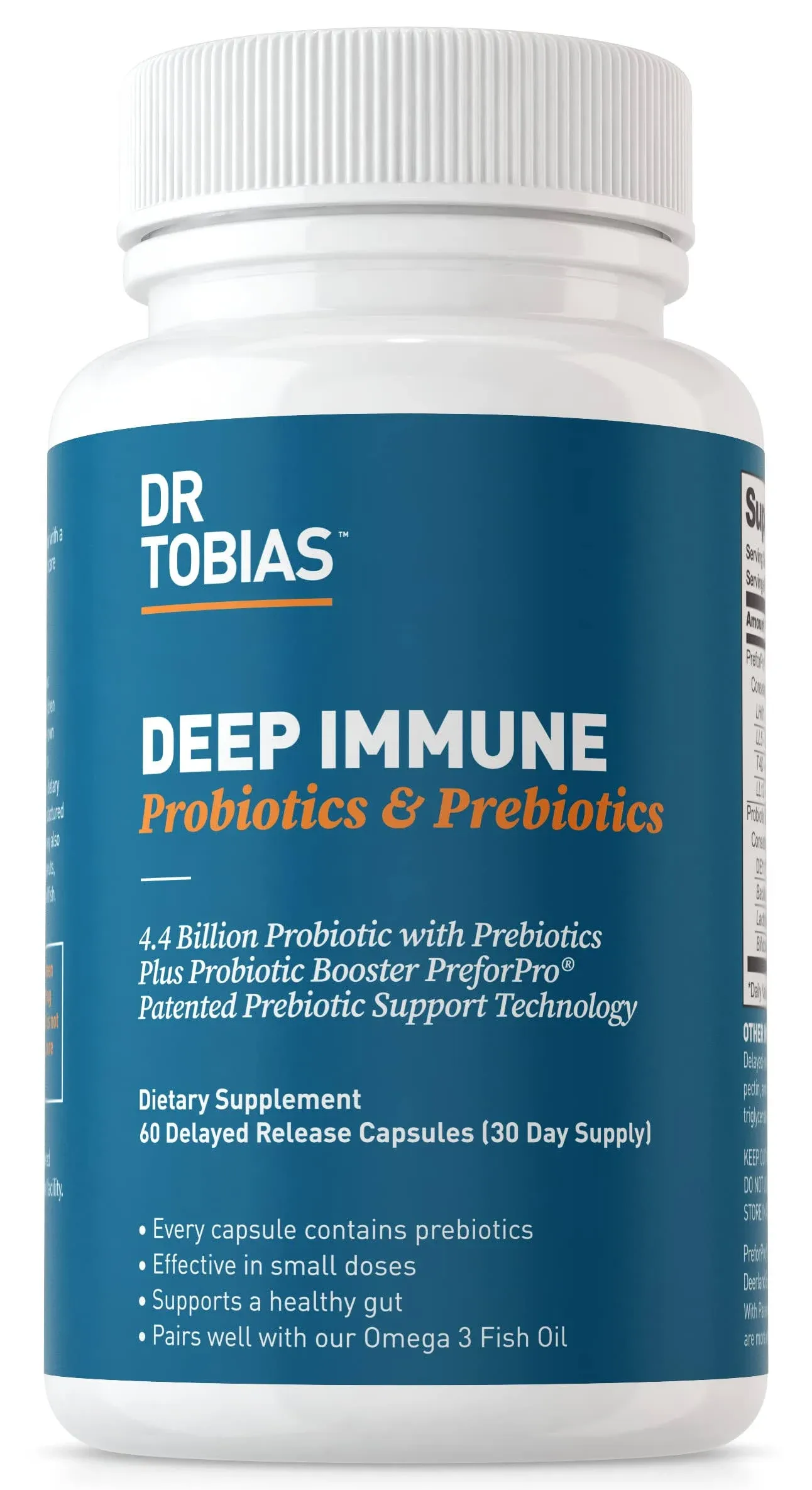 Dr. Tobias Deep Immune Probiotics & Prebiotics, 4.4 Billion CFU Probiotics for Women & Men, Supports Digestive Health, Gut Immune Function, Nutrient Absorption, 60 Capsules, 30 Servings