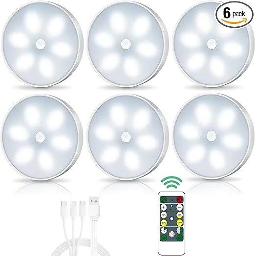 LED Closet Lights Wireless Motion Sensor Puck Light with Remote Control,USB Rechargeable Puck Lights, Dimmable Under Cabinet Indoor Lighting Magnet Stick-on Light for Counter Kitchen Wardrobe (6 Pack)