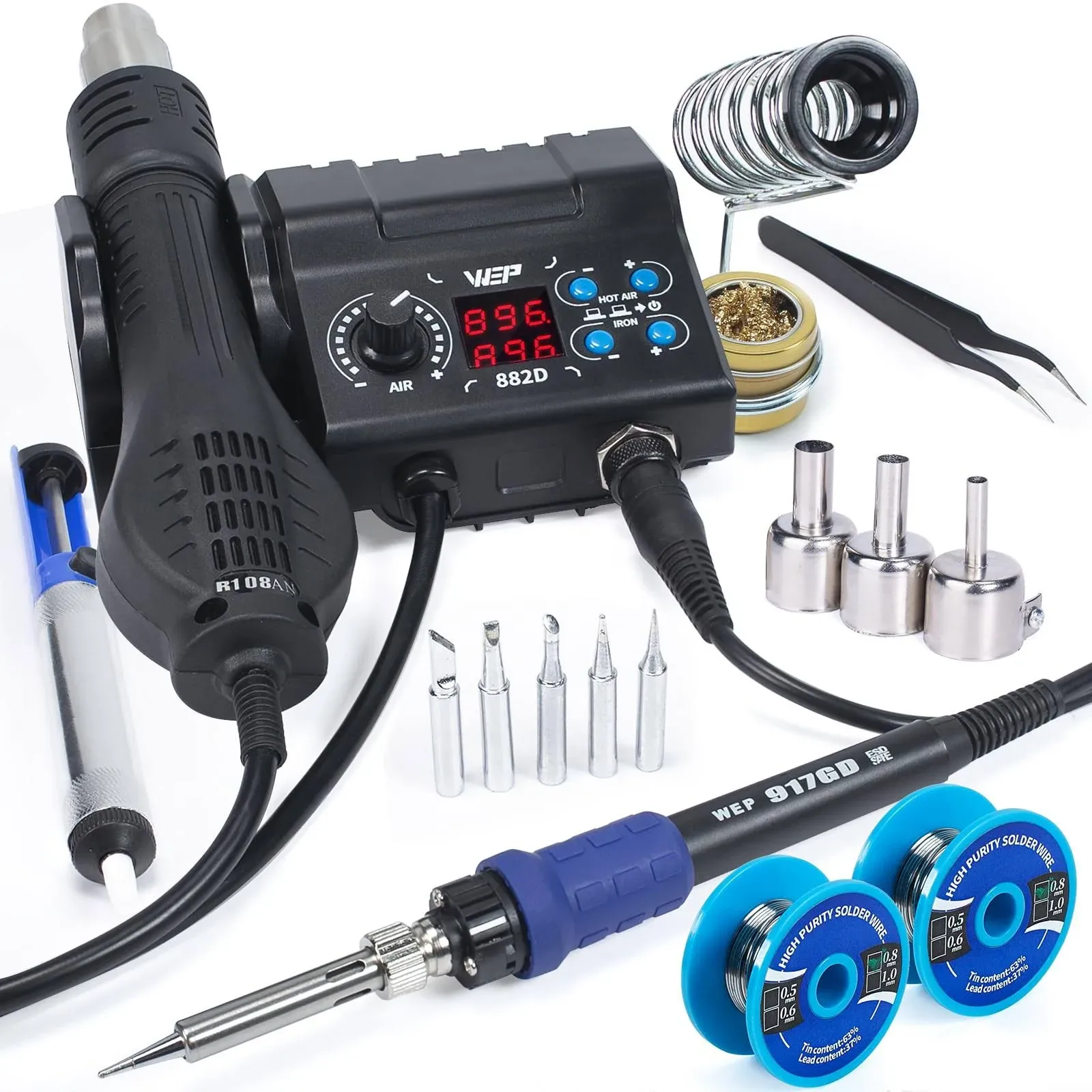 WEP 882D Soldering Iron Station 2-in-1 SMD Hot Air Rework Station with 2 Spools of Solder Wire, 5 Soldering Tips, 3 Hot Air Nozzles, Brass Wool Tip