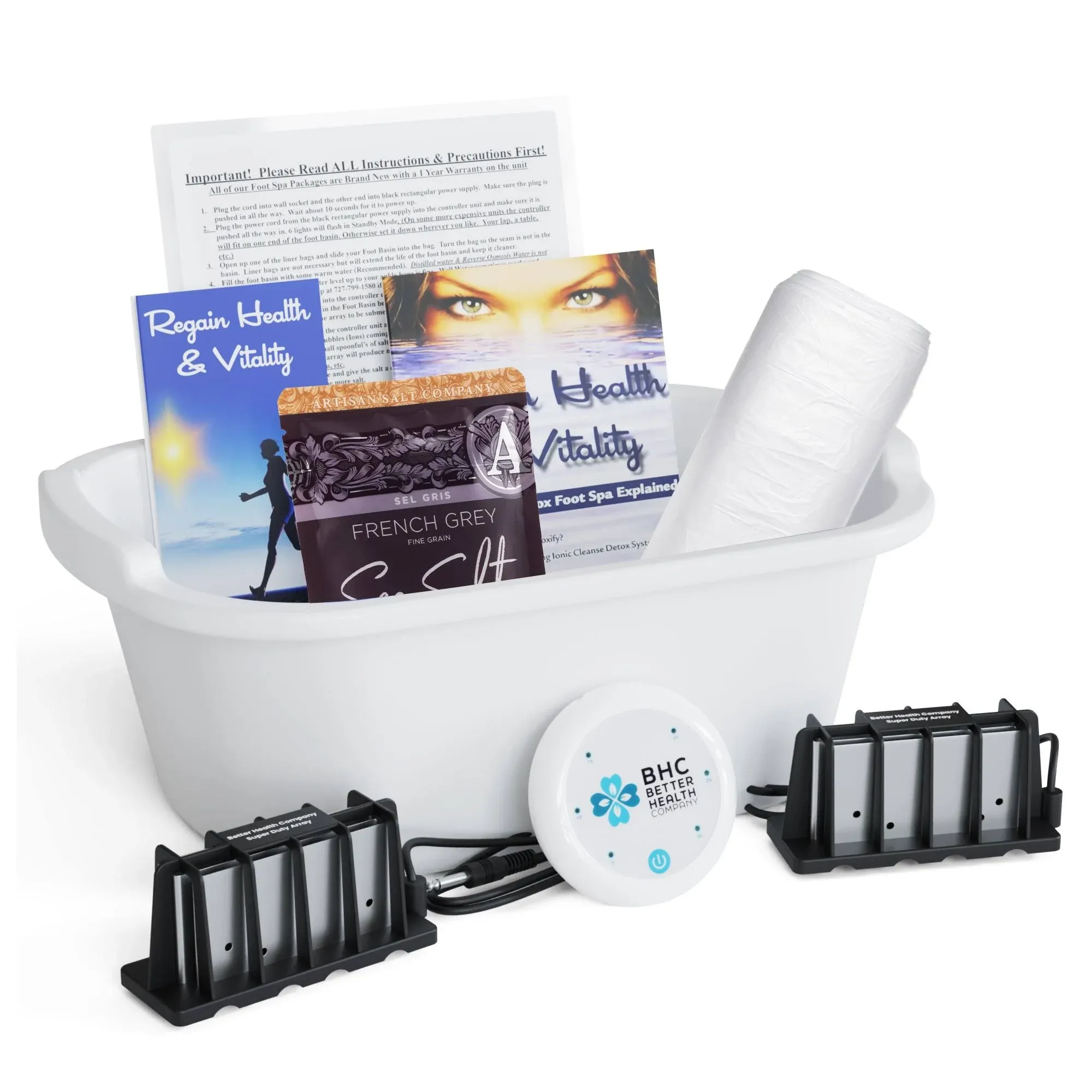 Ionic Foot Bath Detox Machine - Foot Spa Bath Free Regain Health & Vitality Booklet & Brochure - 2 Arrays, 20 Basin Liners, Detox Sea Salt, Basin 12QT