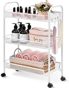 TOOLF 3-Tier Metal Rolling Cart, Mesh Wire Easy Assemble Utility Cart, Storage Trolley on Wheels with 3 Hooks, MetalStorage Shelving Units for Kitchen Bathroom Laundry Room