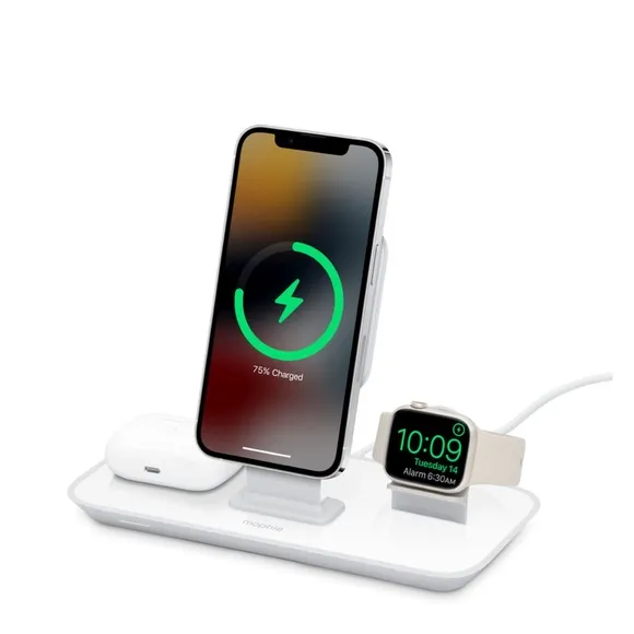 mophie 3-in-1 Magsafe Wireless Charging Stand for Apple iPhone, AirPods/AirPods Pro & Watch, 15W Super-Fast Charging, Stylish Gloss Finish - White (MagSafe charger not included)