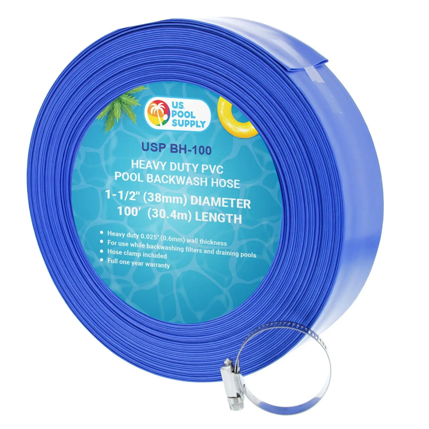 U.S. Pool Supply 1-1/2 inch x 50' Heavy Duty Blue PVC Swimming Pool Backwash Hose with Hose Clamp