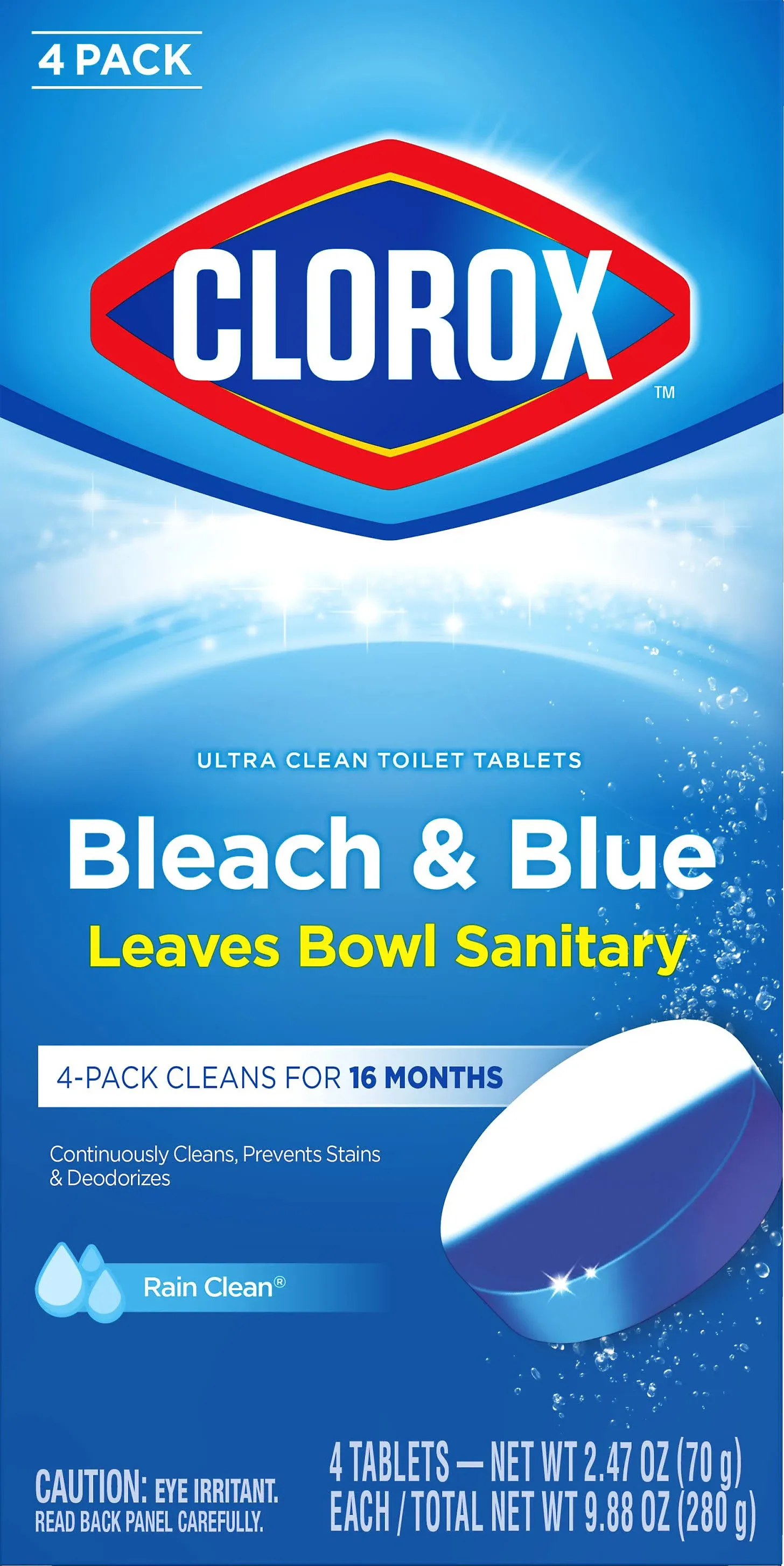 Clorox Ultra Clean Toilet Tablets Bleach & Blue, Rain Clean Scent 2.47 Ounces Each, 4 Count (Package May Vary)