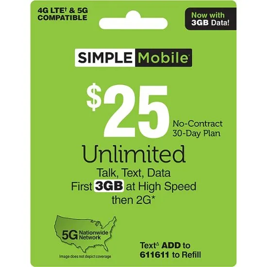 Simple Mobile - $25 Unlimited Talk & Text 30-Day Plan (Email Delivery) Digital