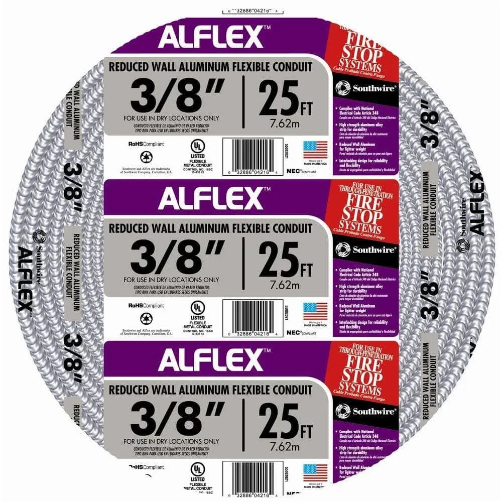 Southwire Alflex 3/8 in. Dia. x 25 ft. L Aluminium Flexible Electrica -Pack of 1