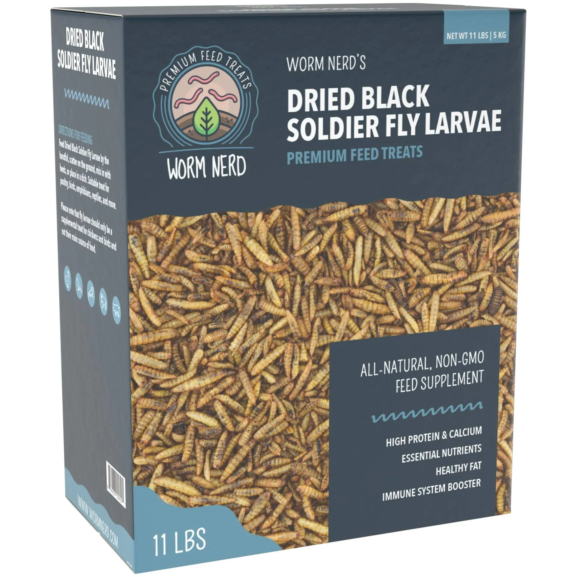 Worm Nerd Wn64 11lb Dried Black Soldier Fly Larvae Non-GMO High Protein and Calcium Treat for Chickens, Birds, Reptiles, Amphibians, Fish