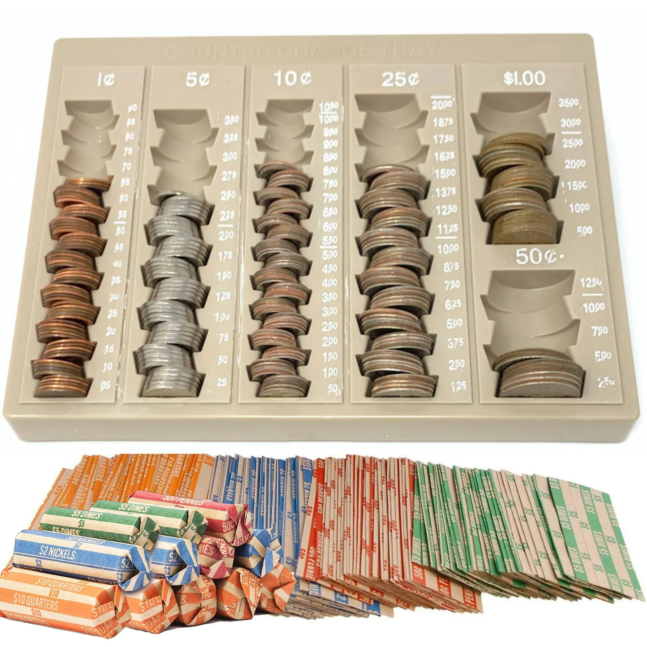 Budgetizer Coin Counter and Sorters Money Tray – Bundled with 64 Coin Roll Wrappers – 6 Storage Compartment Change Organizer and Holder - Ideal Coin