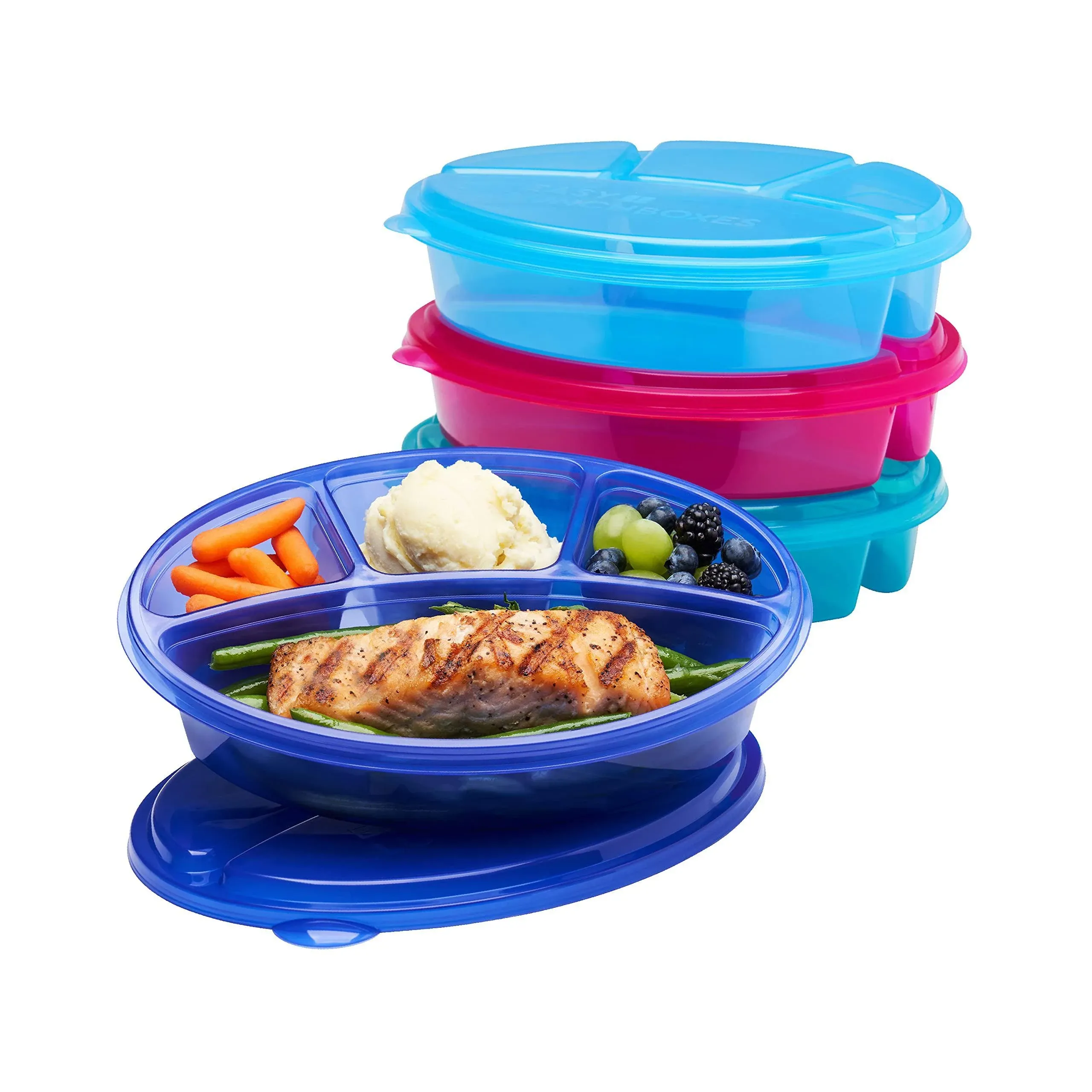 Easylunchboxes - Oval Lunch Boxes - Reusable 4-Compartment Food Containers for Work, Travel and Meal Prep, Set of 4, (Jewel Brights)