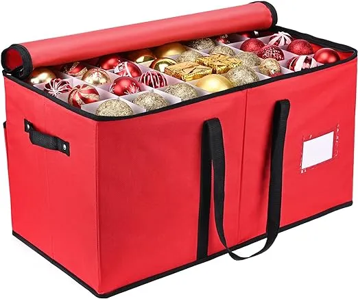 Mrrihand Christmas Ornament Storage Box, Xmas Decoration Organizer with Adjustable Dividers - Storage Container Keeps 128 Holiday Ornaments 3-Inch, Dual Zipper Closure, 600D Tear-Proof Material(Red)