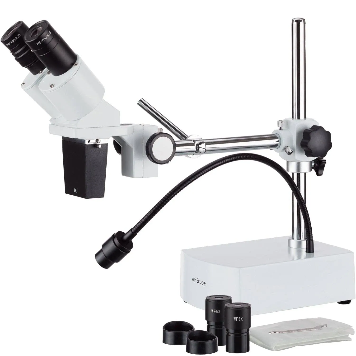 AmScope SE400X Professional Binocular Stereo Microscope, WF5x and WF10x Eyepieces, 5X and 10X Magnification, 1X Objective, LED Lighting, Boom-Arm Stand, 110V-120V