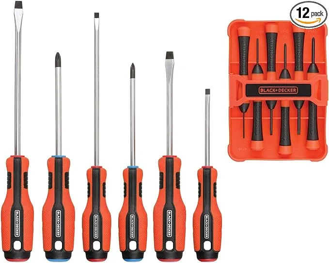 BLACK+DECKER Magnetic Screwdriver Set, Phillips, Flat Head, and Precision Screwdrivers, 12-Piece (BDHT65002)