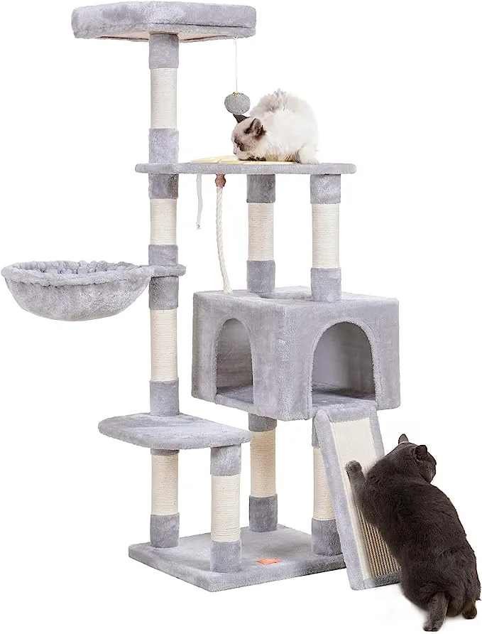 Heybly Cat Tree, Cat Tower for Indoor Cats with Scratching Board, Multi-Level Cat Furniture Condo with Feeding Bowl Light Gray HCT010MW