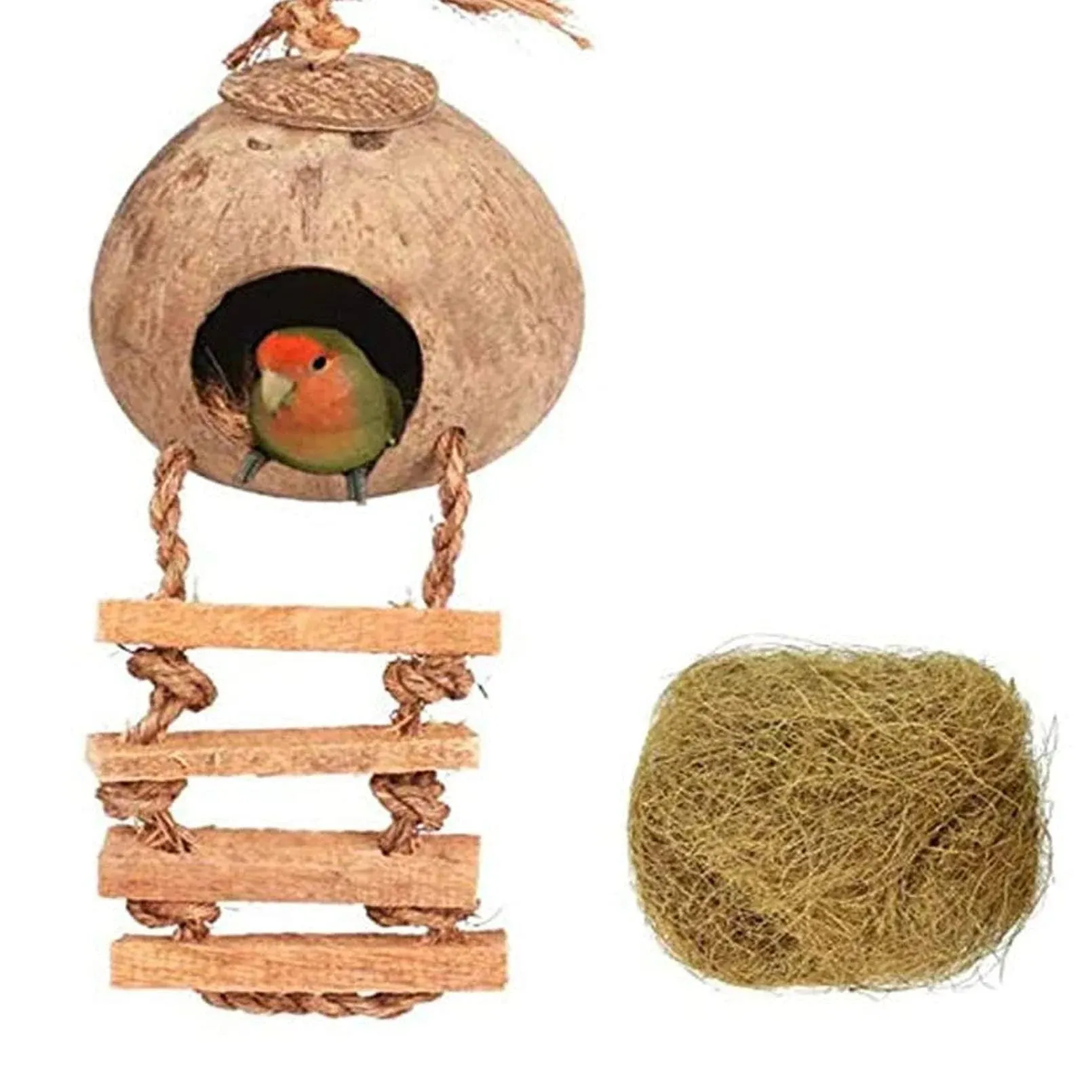 Tfwadmx Coconut Hide with Ladder Natural Coconut Fiber Hanging Birdhouse Cage