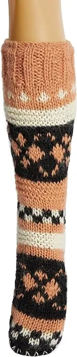 Tibetan Socks Hand Knit Wool Fleece Lined Long Slipper Socks with Non Slip Soles