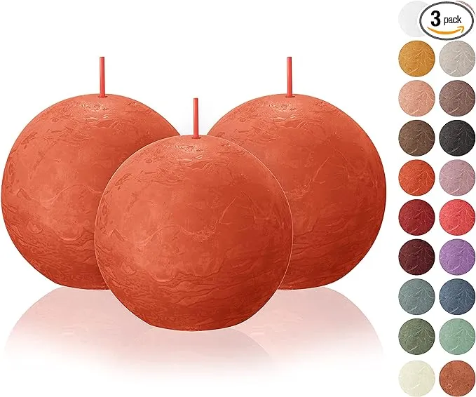 Bolsius 3 Pack Orange Rustic Ball Pillar Candles - 3 inch - Premium European Quality - Includes Natural Plant-Based Wax - Unscented Dripless