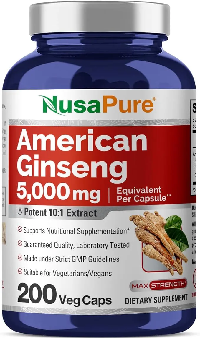 NusaPure American Ginseng 5000 mg - 200 Veggie Capsules (Vegetarian, Non-GMO & Gluten-Free)