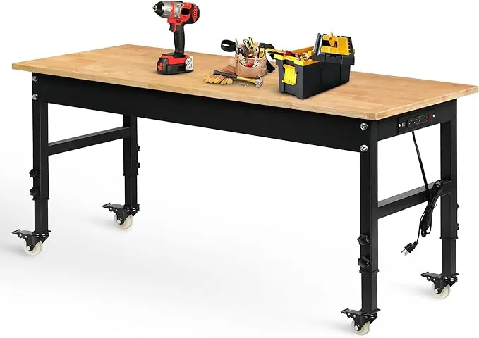 Betterhood 60" Adjustable Workbench for Garage, Rubber Wood Heavy Duty Workstation with Power Outlets & Wheels, 2000 LBS Load Capacity Hardwood Worktable for Workshop, Garage, Office, Home, CommercialBetterhood 60" Adjustable Workbench for Garage, Rub…