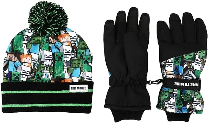 Kids Minecraft Fleece Knit Cuff Hat and Ski Gloves Set Multicolored