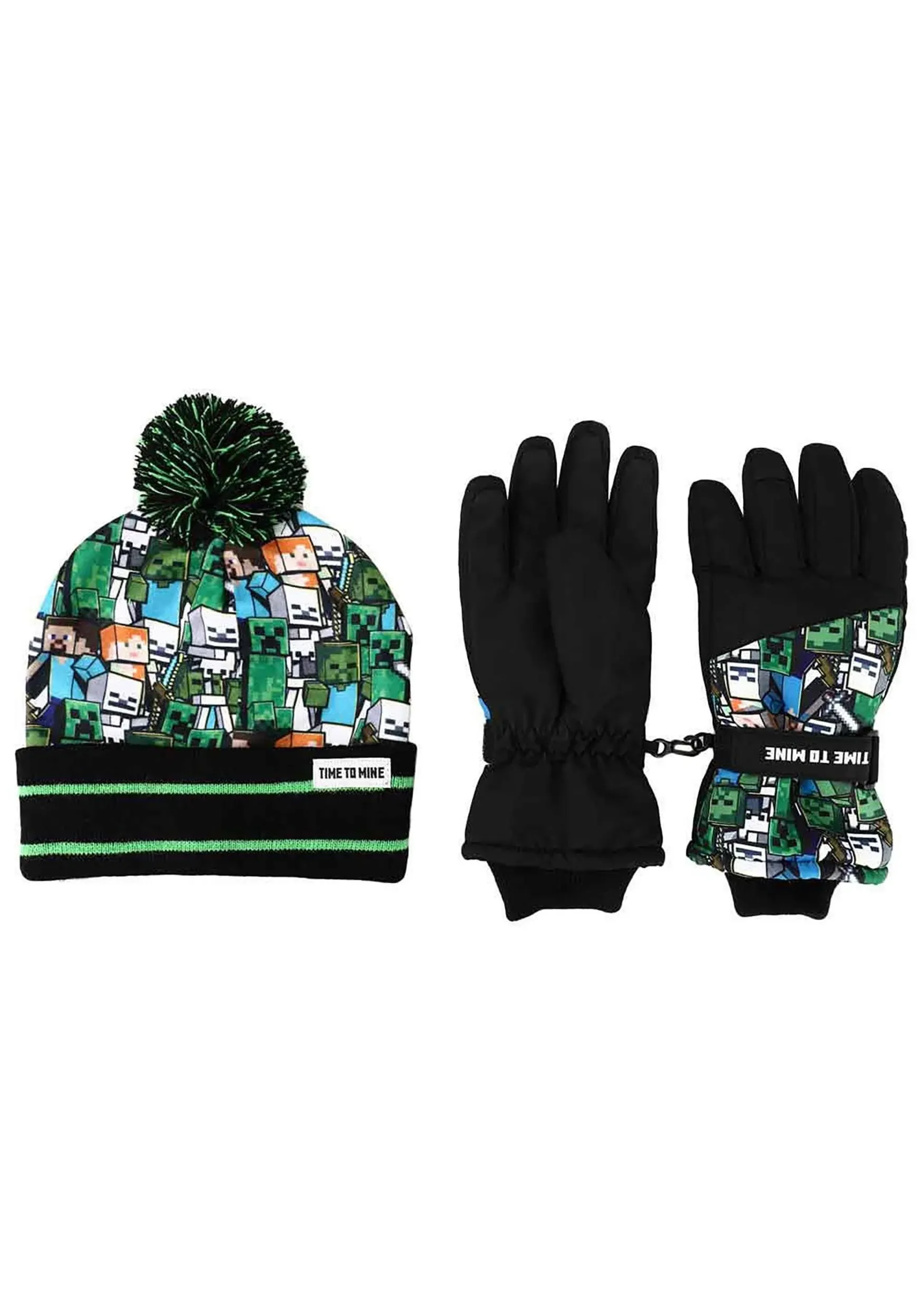 Kids Minecraft Fleece Knit Cuff Hat and Ski Gloves Set Multicolored