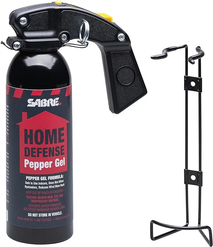 SABRE Red Home Defense Pepper Gel With Wall Mount For Easy Access, Max Strength OC Spray, UV Marking Dye Helps Identify Suspects, Full Hand Grip For More Accurate Aim, Secure Pin Safety, 32 Bursts