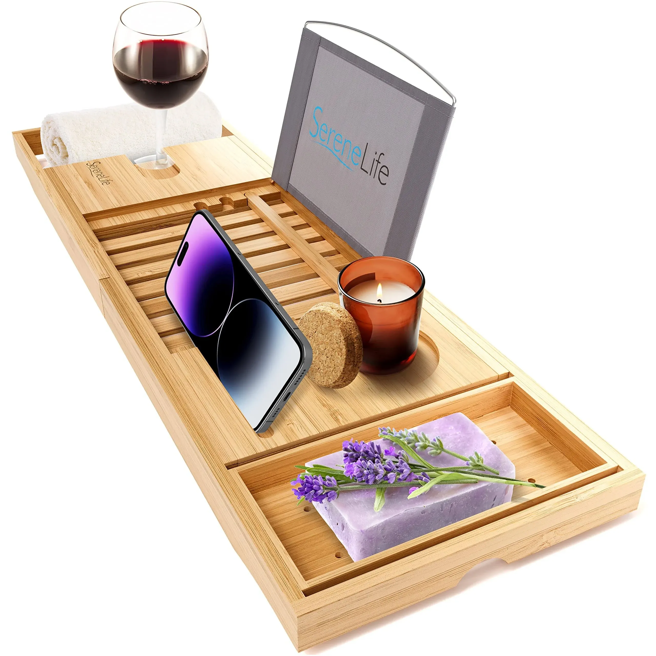 SereneLife Luxury Bamboo Bathtub Caddy Tray-Adjustabl<wbr/>e Natural Wood Bath Tub