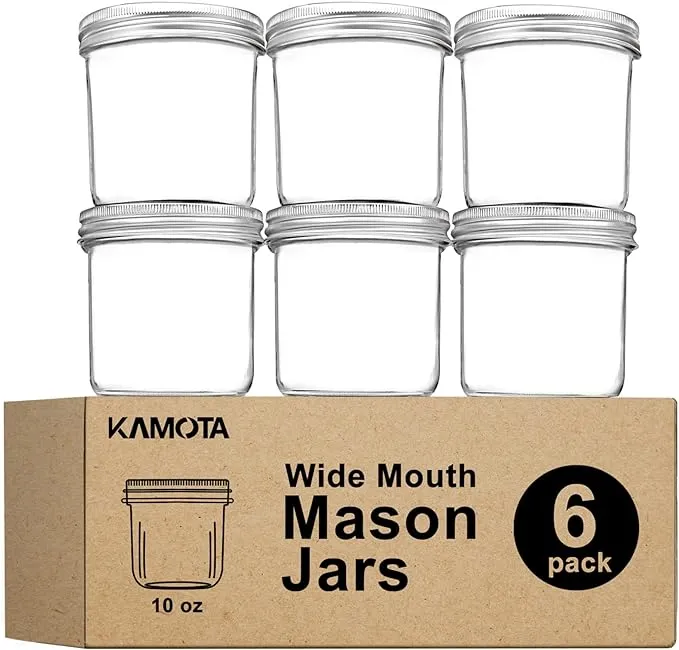 KAMOTA Wide Mouth Mason Jars 10 oz, 10oz Mason Jars Canning Jars Jelly Jars With Wide Mouth Lids and Bands, Ideal for Jam, Honey, Wedding Favors, Shower Favors, Baby Foods, 6 PACK