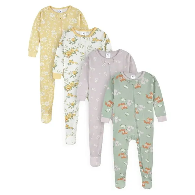 Gerber Baby & Toddler Girl Snug Fit Footed Cotton Pajamas, 4-Pack, Sizes 0/3 Months-5T