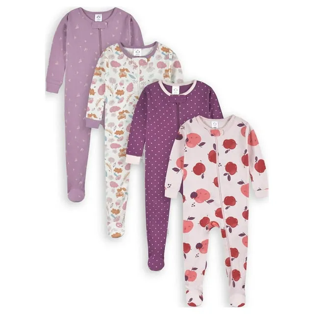 Gerber Baby & Toddler Girl Snug Fit Footed Cotton Pajamas, 4-Pack, Sizes 0/3 Months-5T