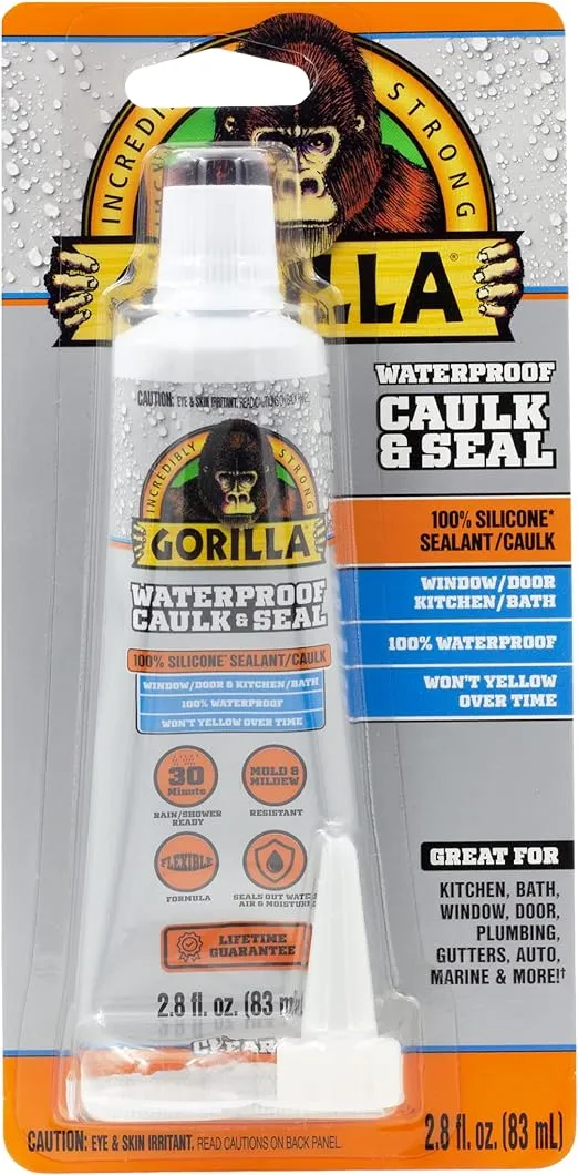 Gorilla Waterproof Caulk & Seal100% Silicone Sealant, 2.8oz Squeeze Tube, Clear (Pack of 1)