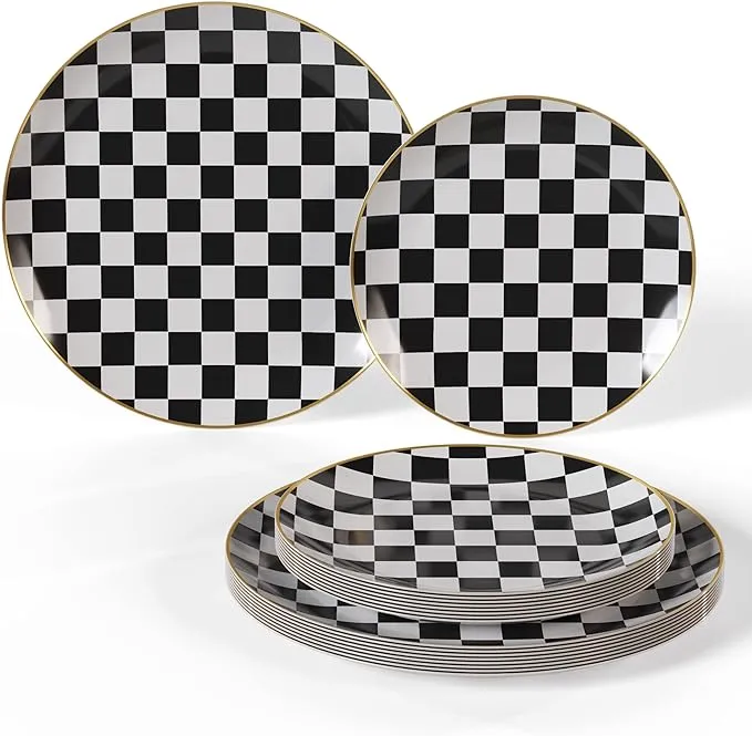 Trendables 80 Pcs Checkered Plates Set - Heavy Duty Dinnerware Sets Black and White Plastic Plates With Gold Rim 40-10" Dinner Plates & 40-8" Dessert Plates - Elegant Disposable Plates For Weddings