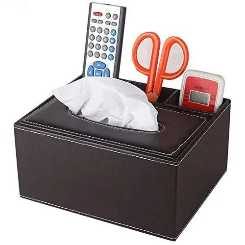 PU Leather Rectangular Tissue Box Cover - Multifunctional Tissue Box Holder with Stationery Remote Control Box, Decorative Tissue Pen Remote Organizer for Home/Office/Restaurant (Brown)