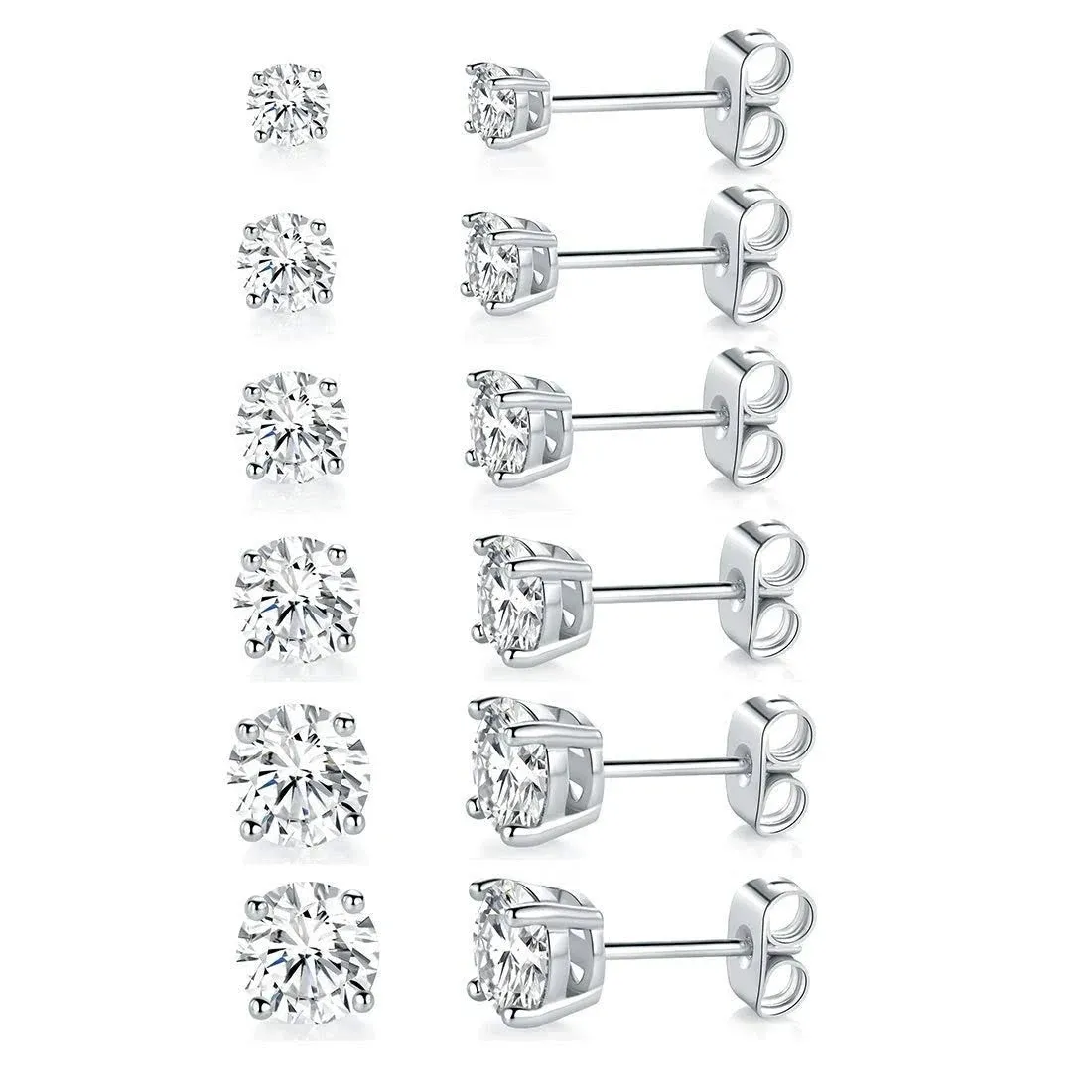 18K White Gold Plated 4 Pong Round Clear Cubic Zirconia Stud Earring (Pack of 6)