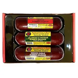 Wisconsin’s Best - Summer Sausage Gift Sampler - Original, Garlic, Jalapeno Cheddar Sausage Sampler Gift Basket. Great for Charcuterie Board and Gifts. Perfect Meat Gift Box.