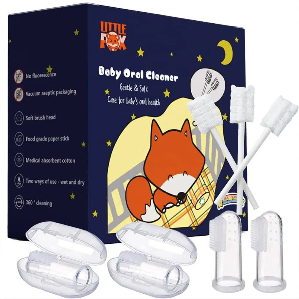 60 Pcs Little Fox Baby Oral Cleaner +2 Pcs Finger Toothbrush with Cases, Baby Tongue Cleaner, Newborn Toothbrush, Disposable Tongue and Gum Cleaner, Infant Oral Care and Cleaning for 0-36 Month Baby