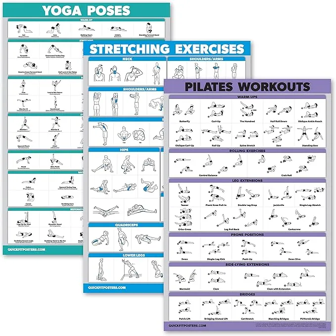 QuickFit 3 Pack - Yoga Poses + Stretching Exercises + Pilates Mat Work Poster Set - Set of 3 Workout Charts (LAMINATED, 18" x 27")